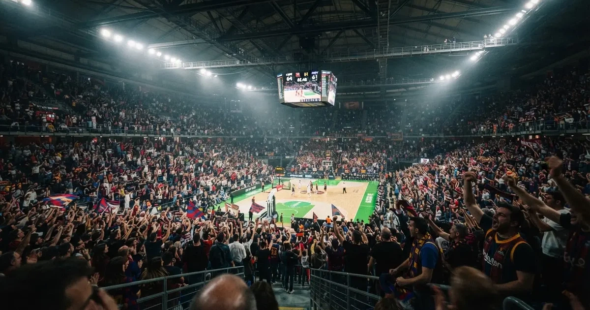 A packed sports hall under floodlights photographed from a long way off