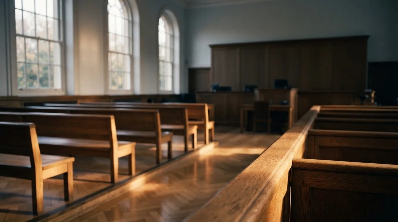 An empty courtroom with wooden benches in morning light