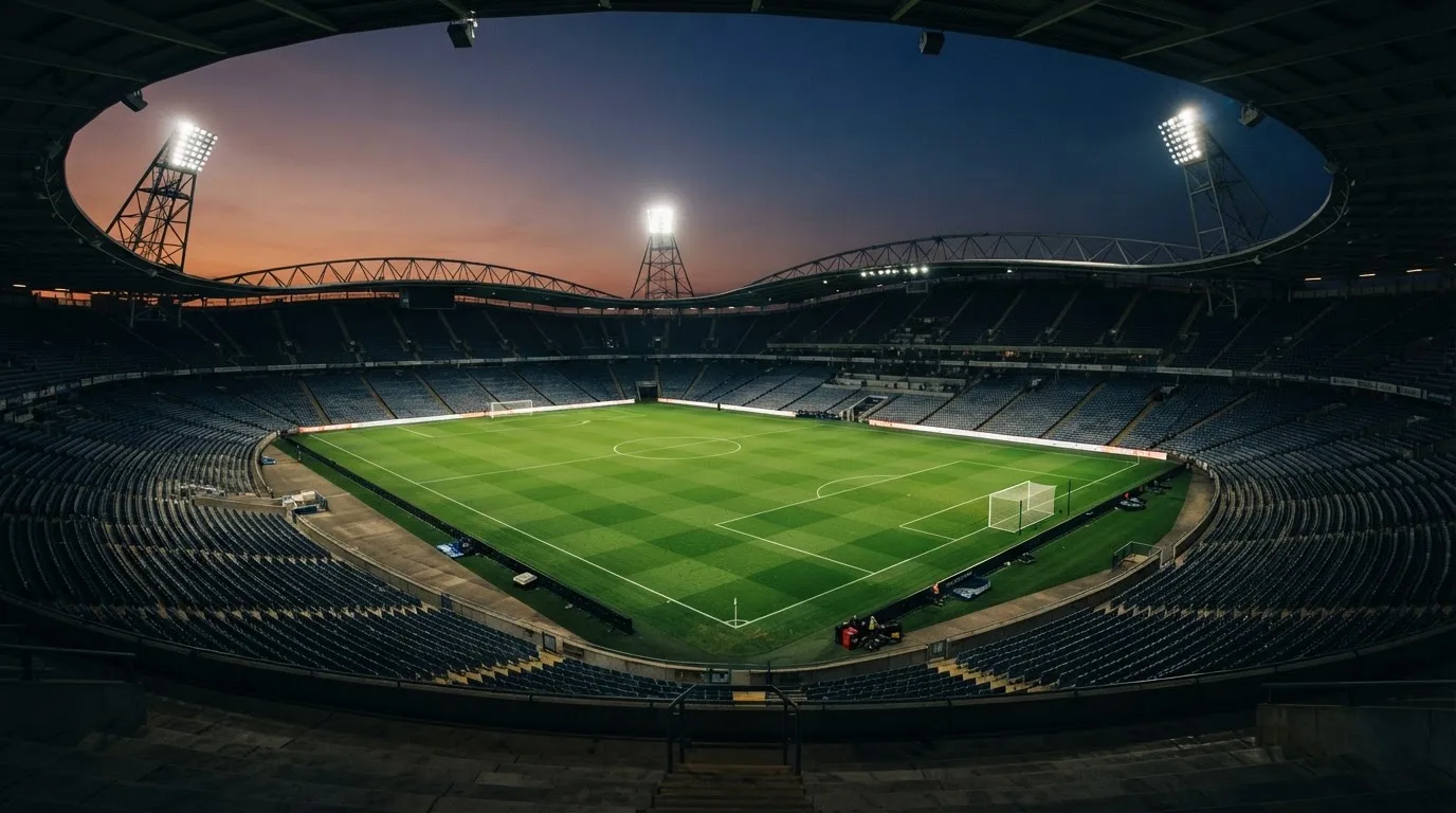 An empty football stadium with floodlight masts at dusk