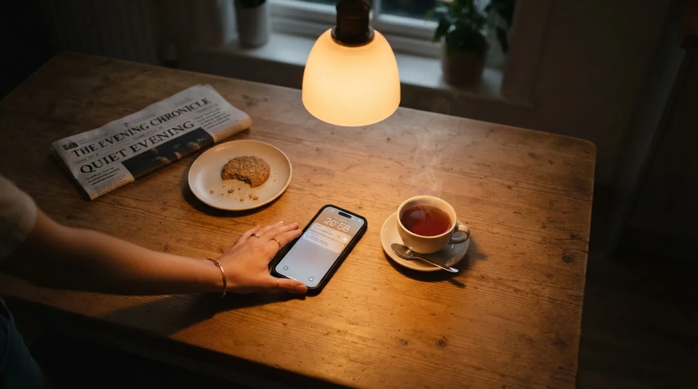 A hand setting a smartphone down beside a cup of tea on a kitchen table on a quiet evening