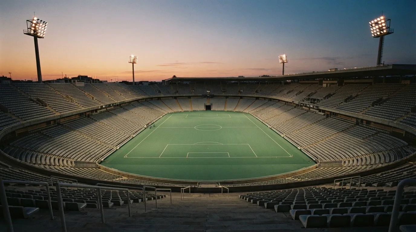 An empty football stadium with floodlight masts at dusk