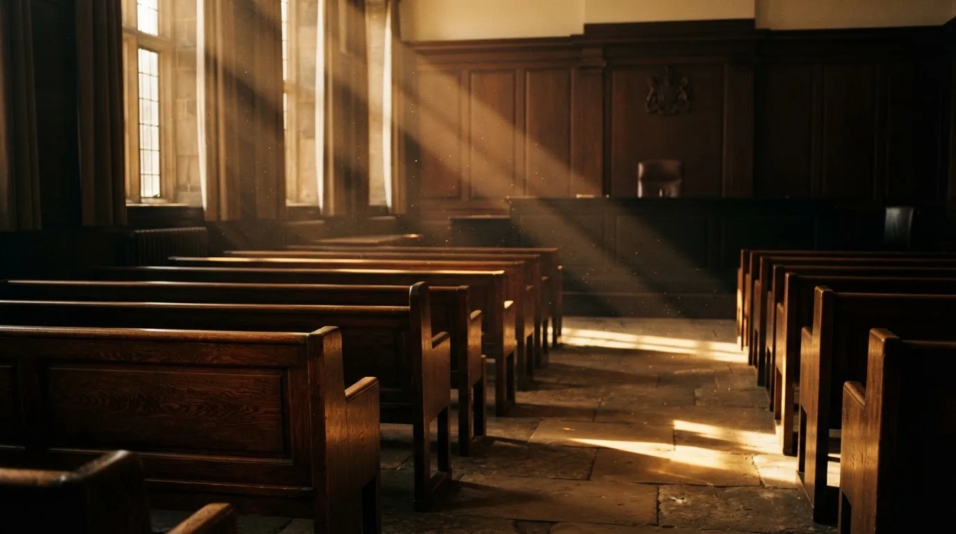 An empty courtroom with wooden benches in morning light