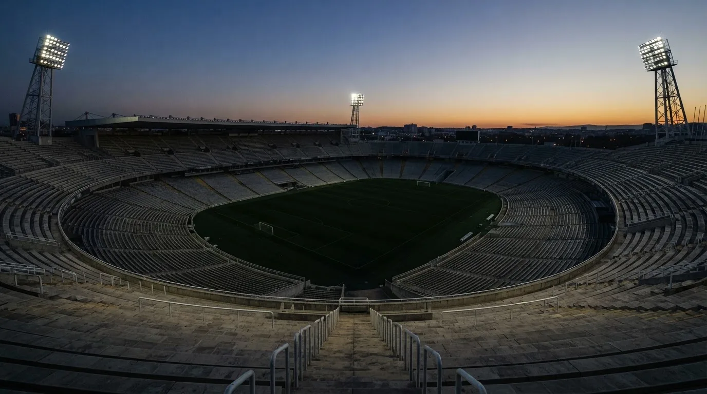 An empty football stadium with floodlight masts at dusk