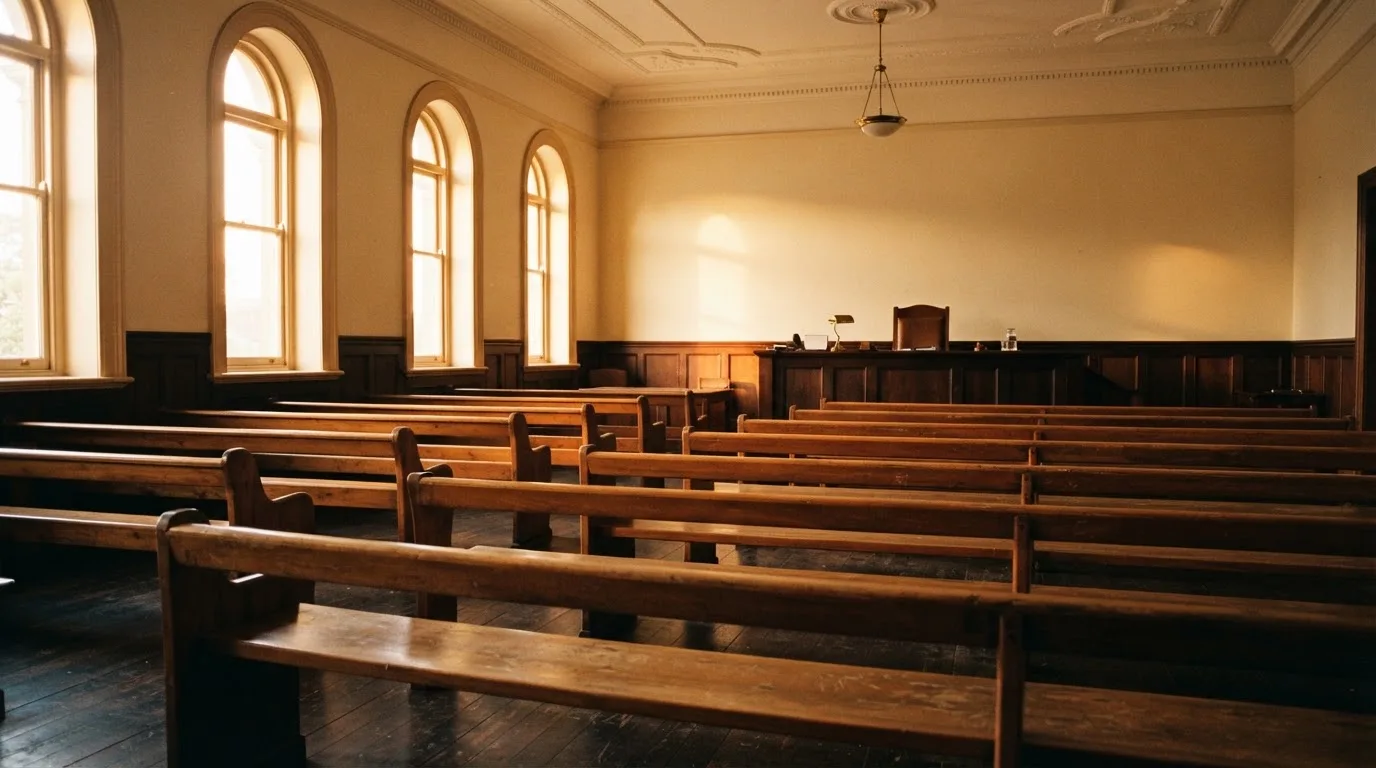 An empty courtroom with wooden benches in morning light