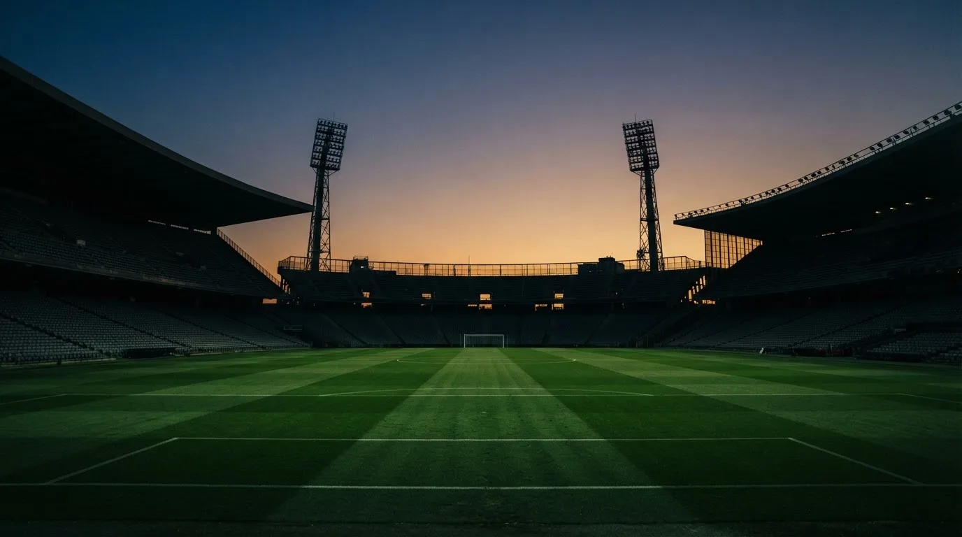 An empty football stadium with floodlight masts at dusk
