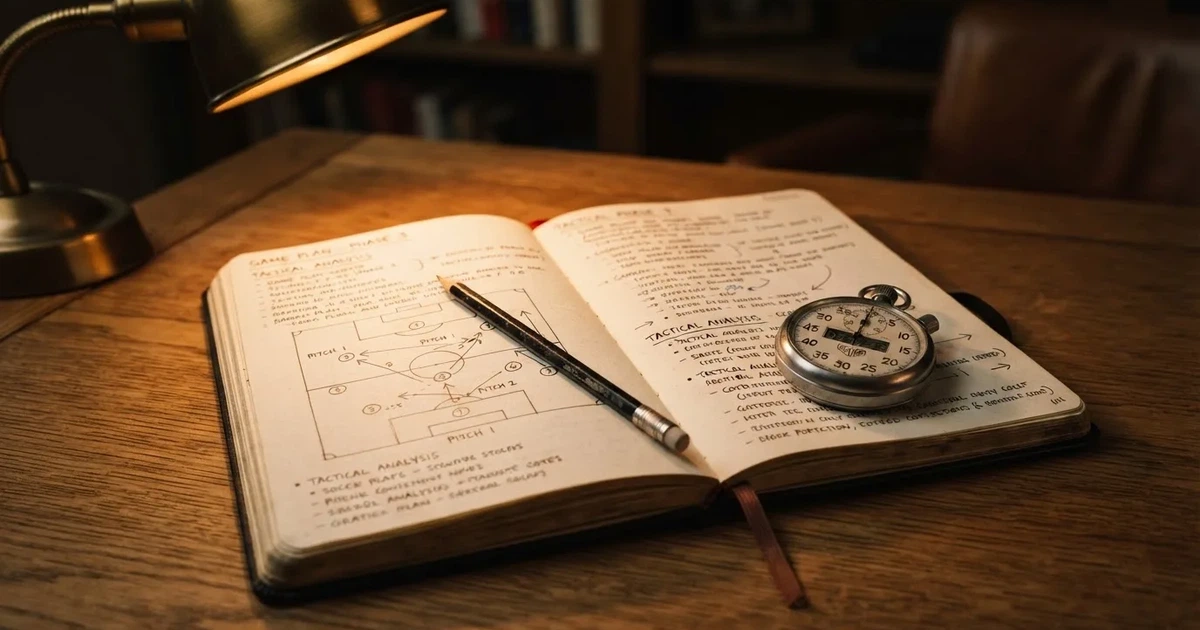 An open notebook with a pencil and a stopwatch on a wooden table