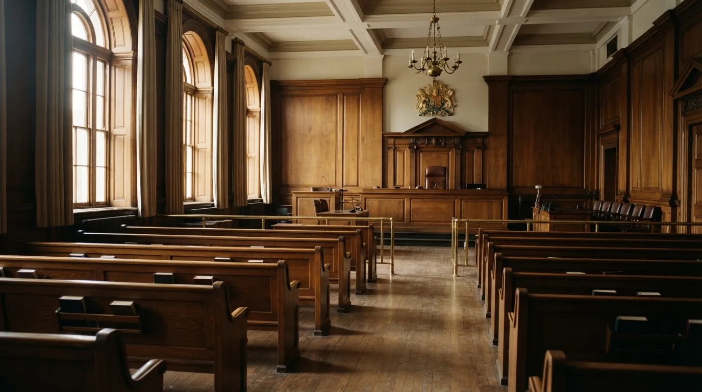 An empty courtroom with wooden benches in morning light