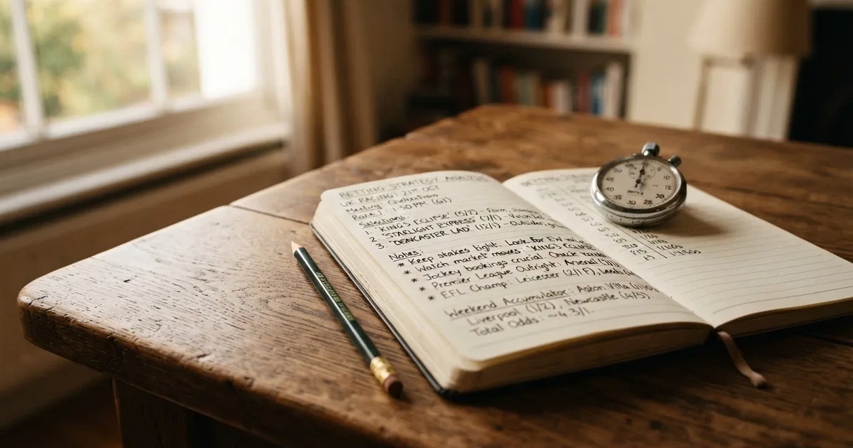 An open notebook with a pencil and a stopwatch on a wooden table