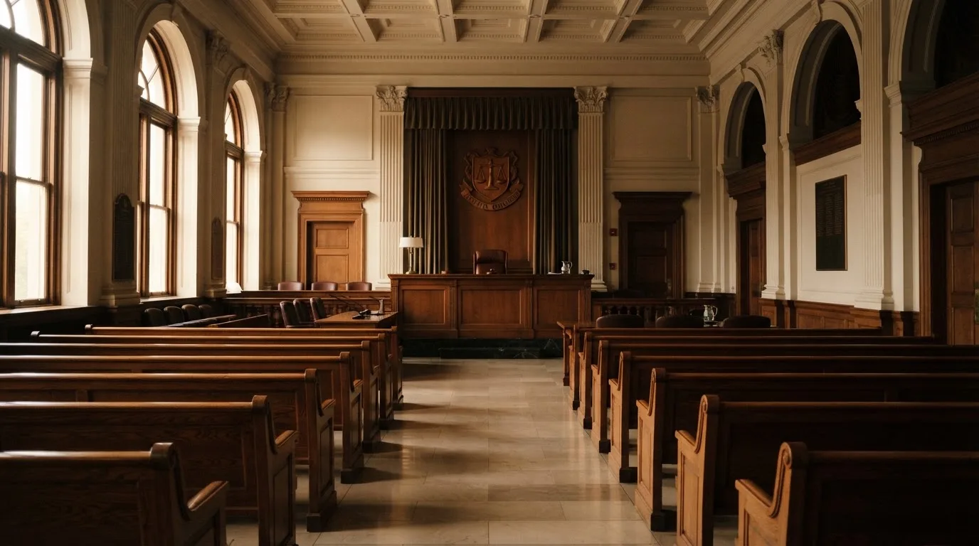 An empty courtroom with wooden benches in morning light