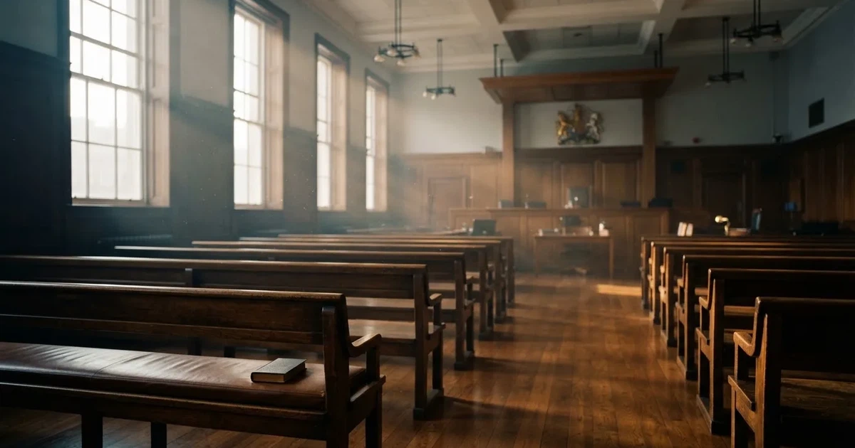 An empty courtroom with wooden benches in morning light