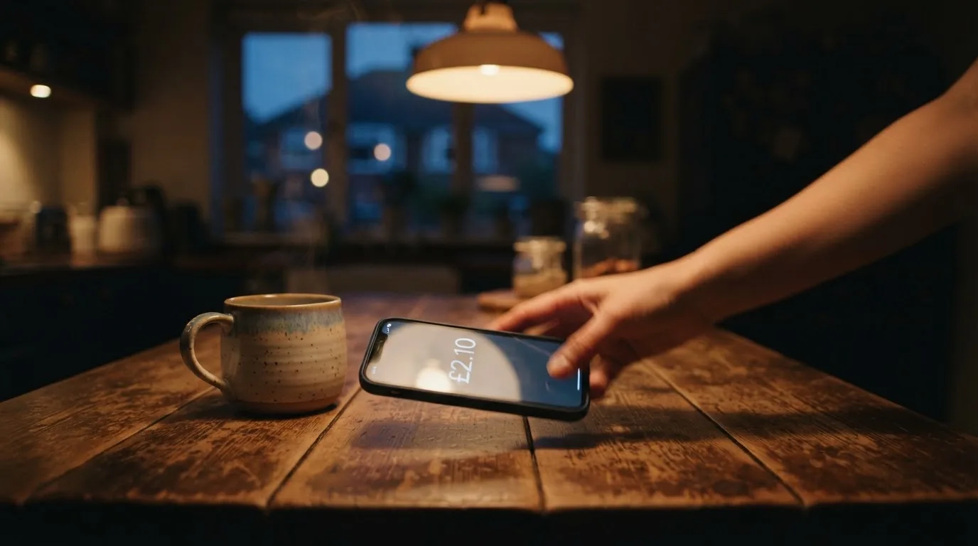 A hand setting a smartphone down beside a cup of tea on a kitchen table on a quiet evening