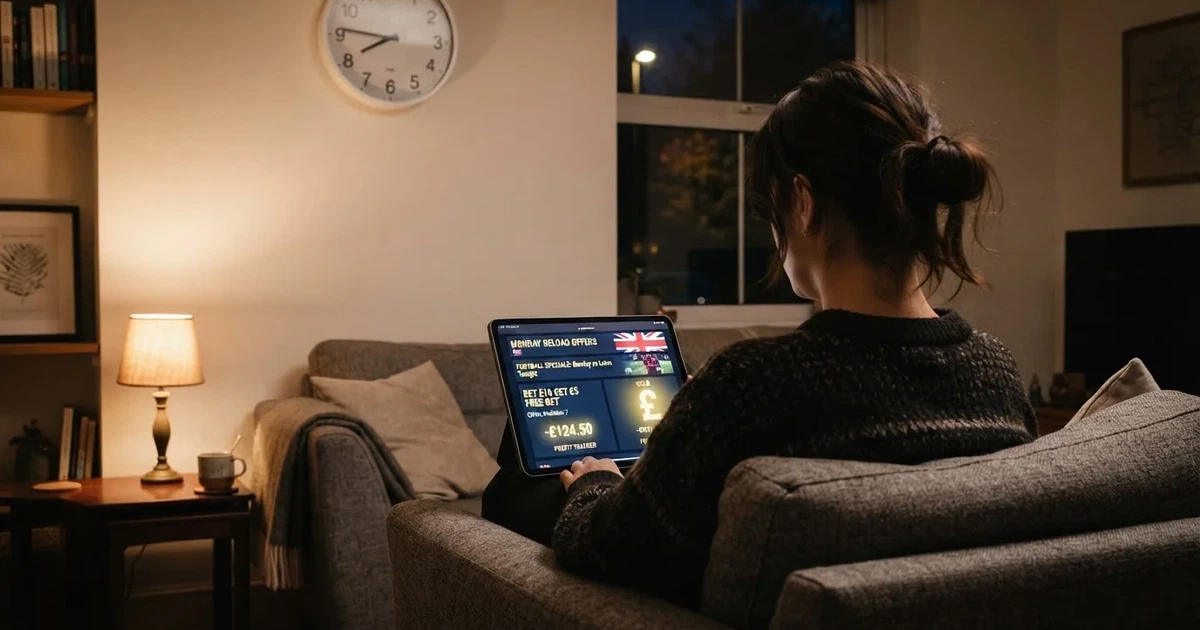 A person on a sofa looking thoughtfully at a tablet, a wall clock in the background