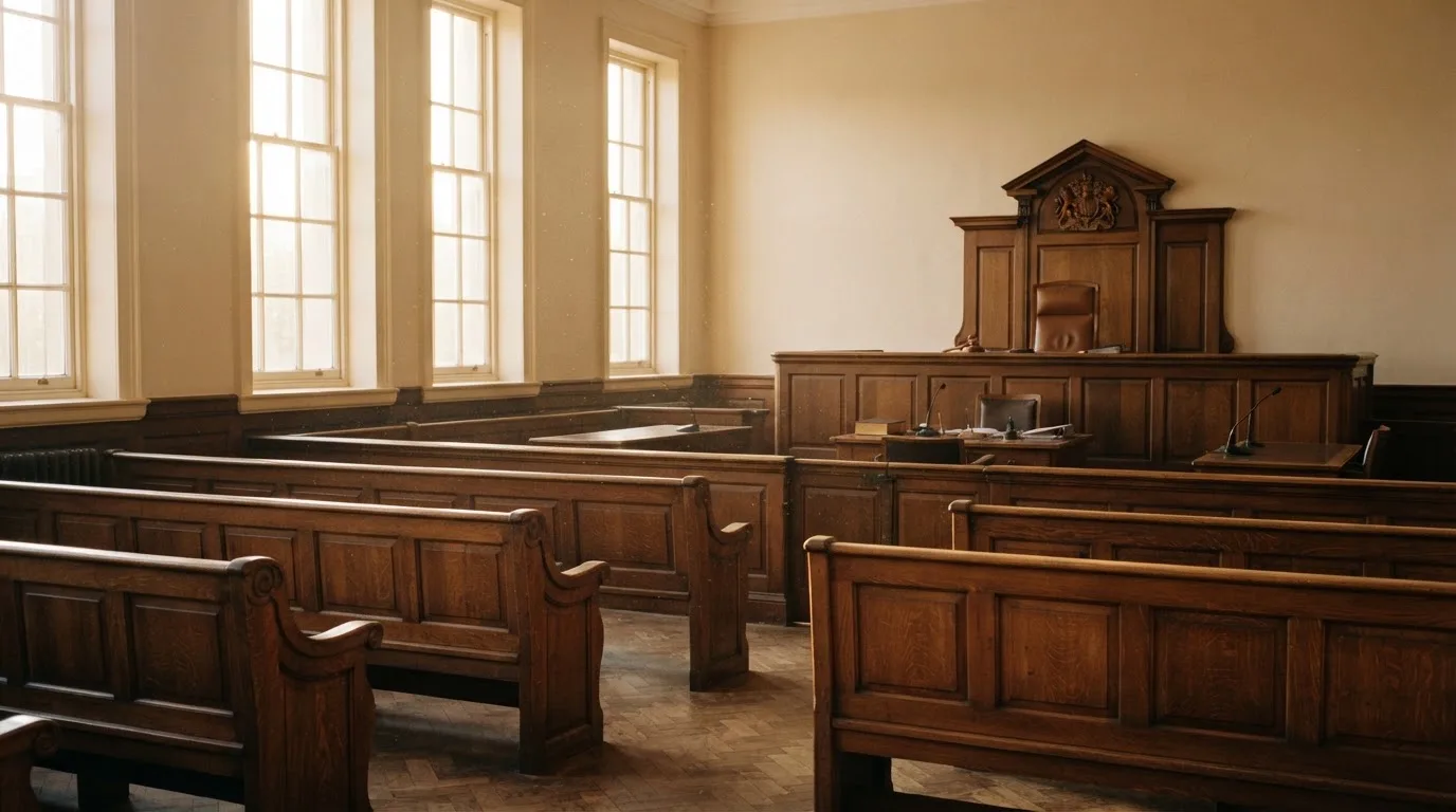 An empty courtroom with wooden benches in morning light
