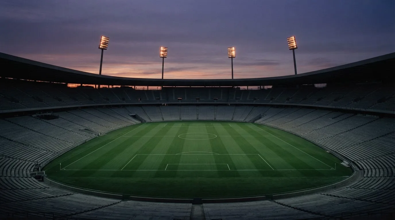 An empty football stadium with floodlight masts at dusk