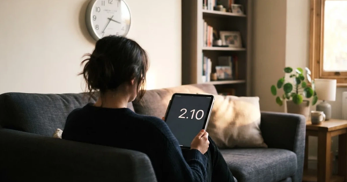 A person on a sofa looking thoughtfully at a tablet, a wall clock in the background