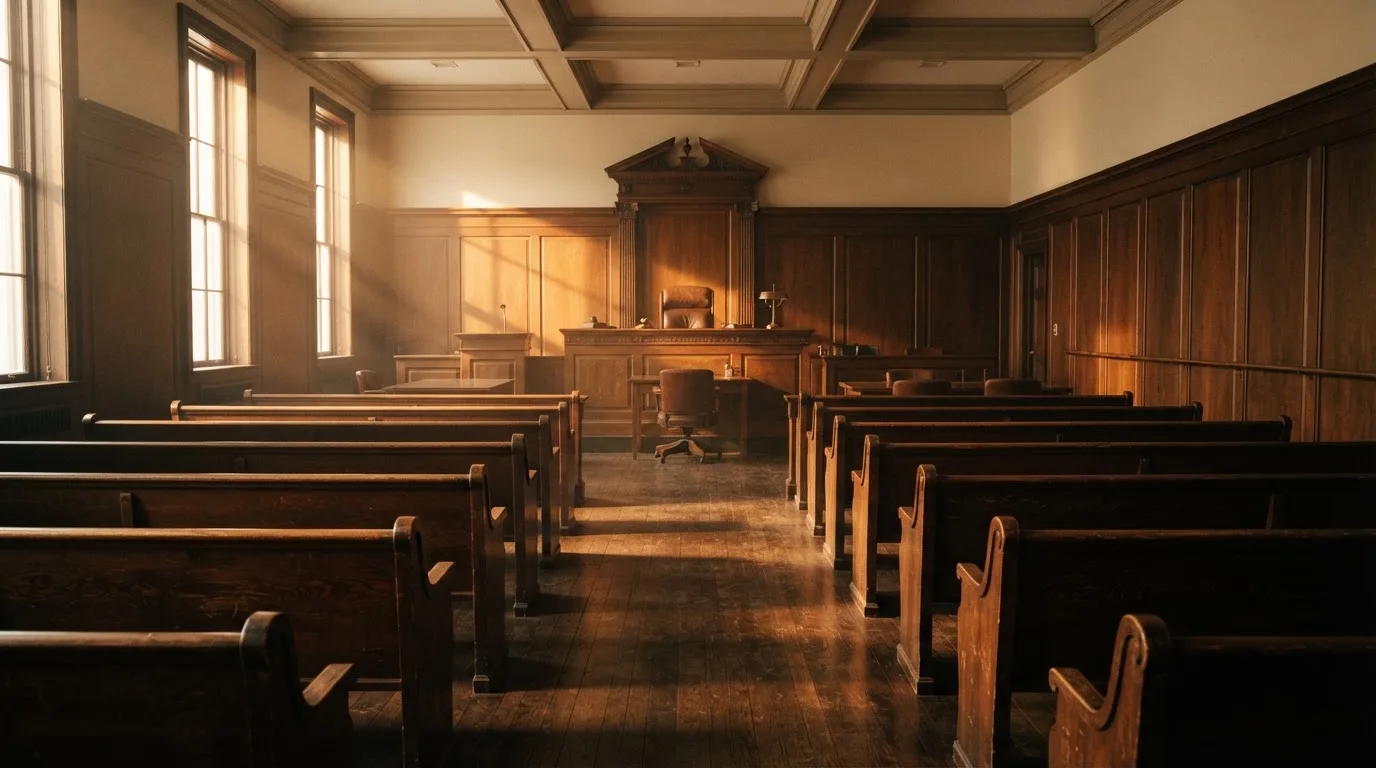An empty courtroom with wooden benches in morning light