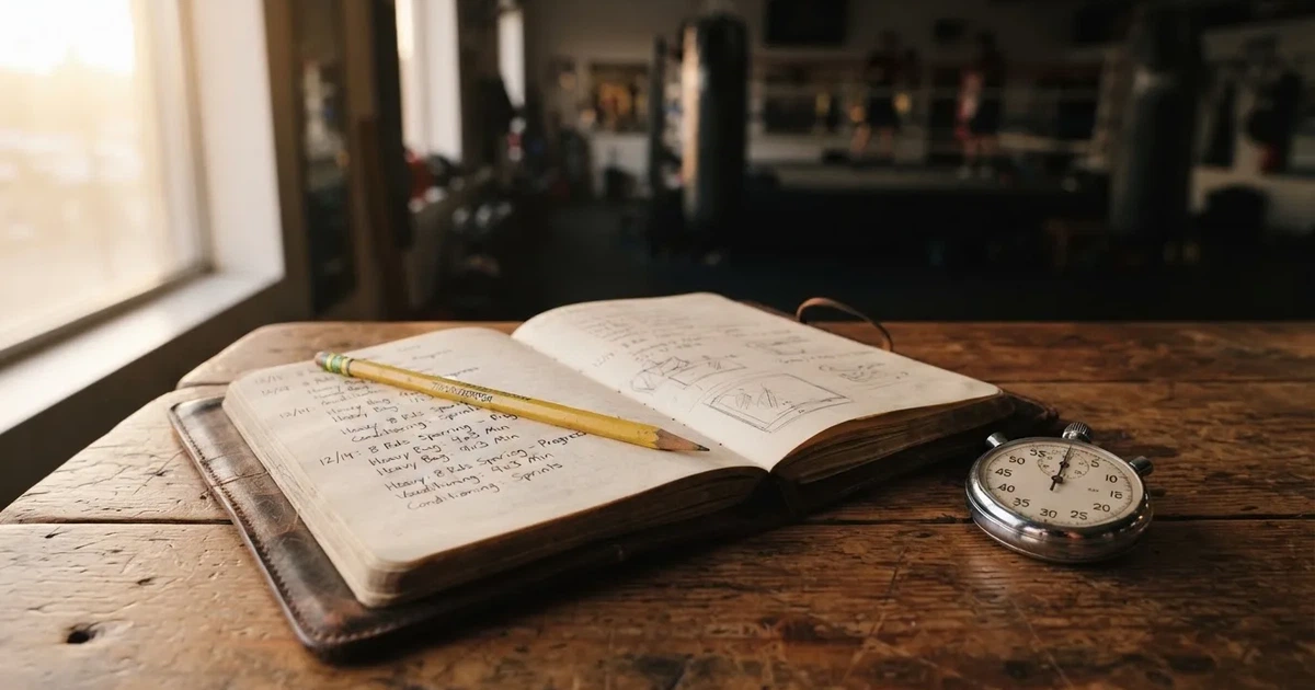 An open notebook with a pencil and a stopwatch on a wooden table