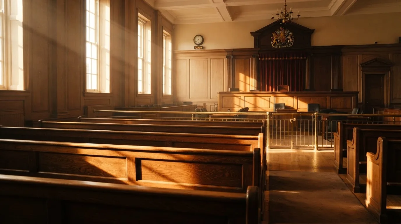 An empty courtroom with wooden benches in morning light