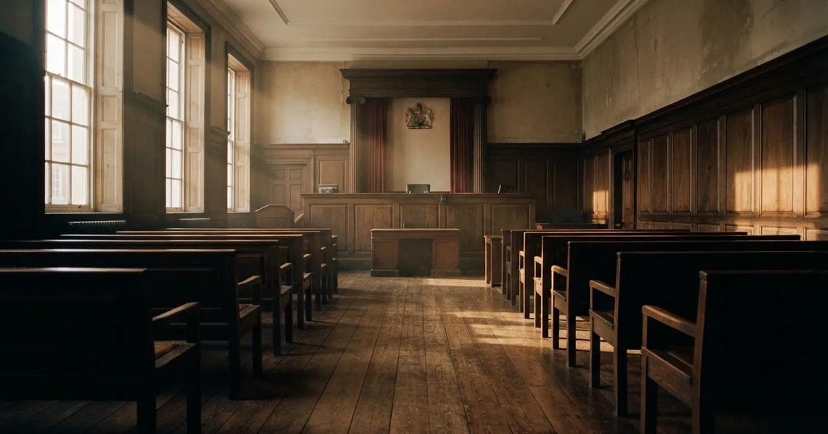 An empty courtroom with wooden benches in morning light
