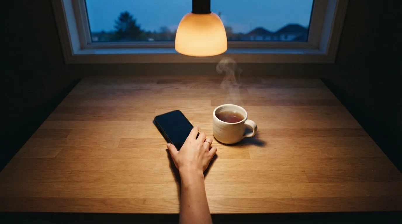 A hand setting a smartphone down beside a cup of tea on a kitchen table on a quiet evening