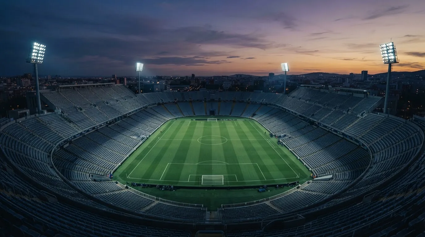 An empty football stadium with floodlight masts at dusk