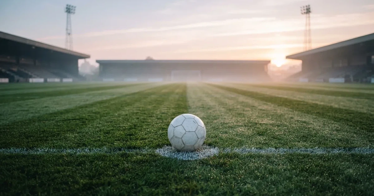 A ball on the centre spot of a grass pitch in morning light