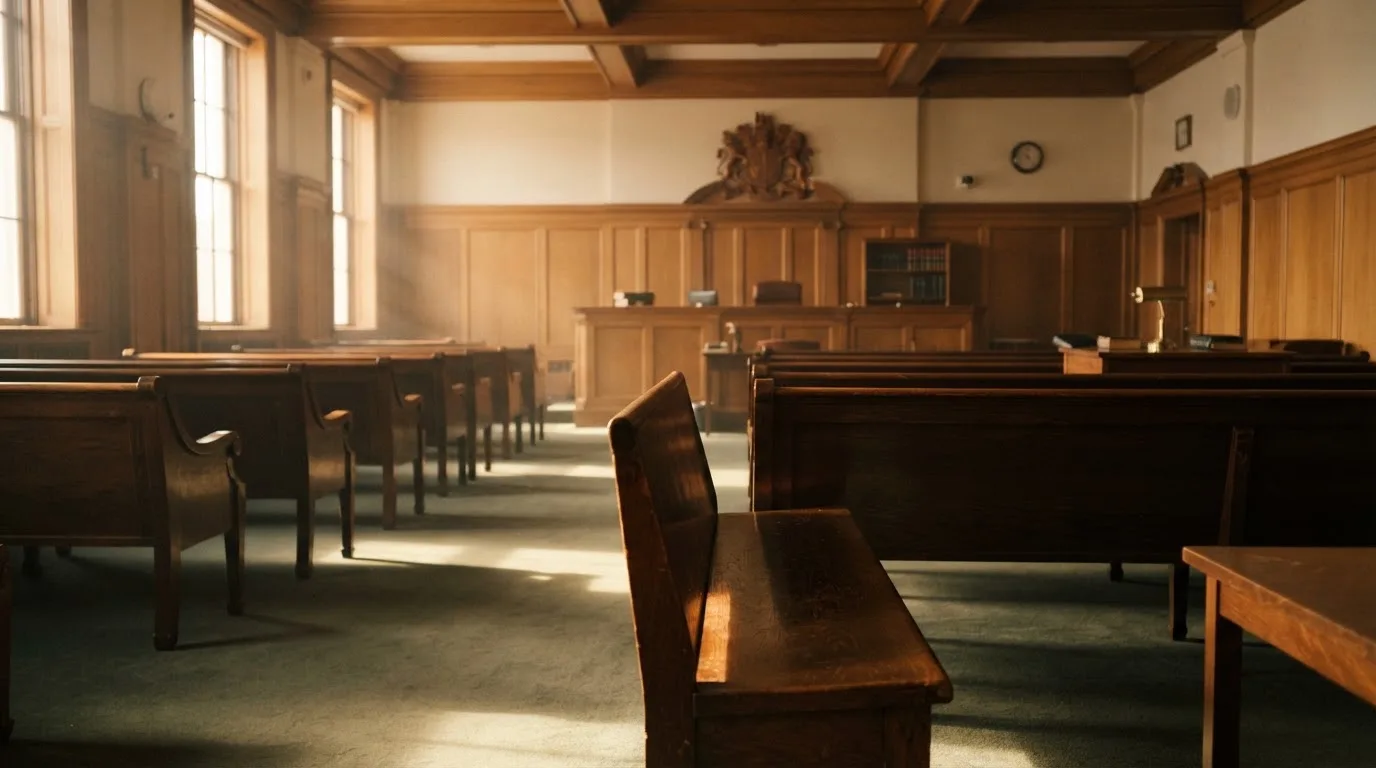 An empty courtroom with wooden benches in morning light