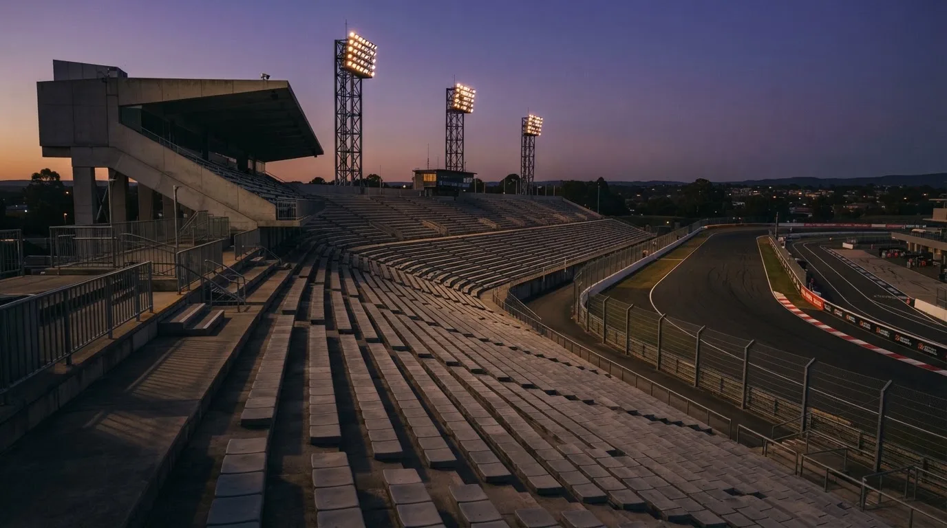 An empty football stadium with floodlight masts at dusk