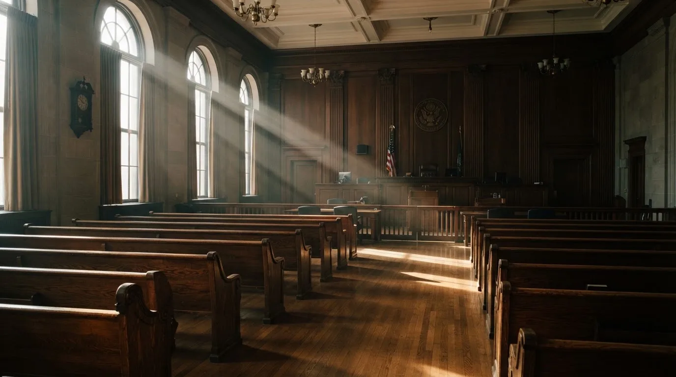 An empty courtroom with wooden benches in morning light