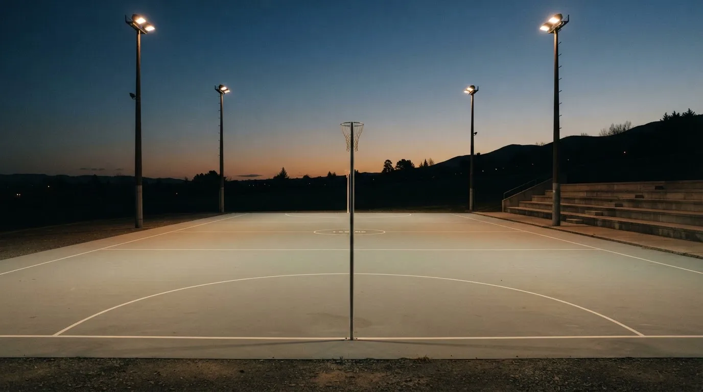 An empty football stadium with floodlight masts at dusk