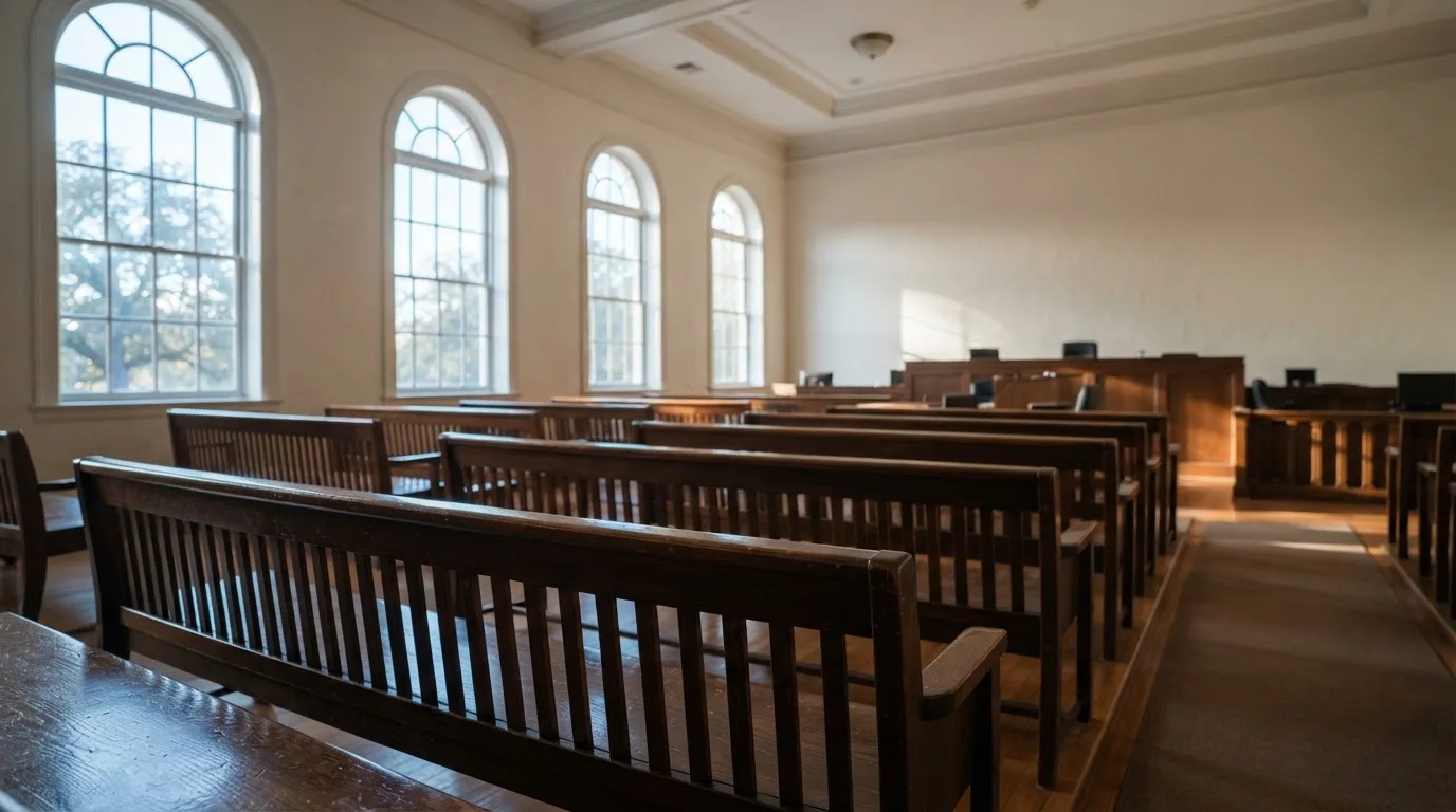 An empty courtroom with wooden benches in morning light