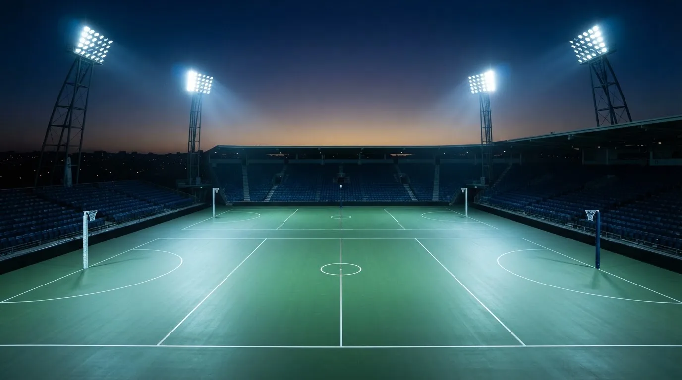 An empty football stadium with floodlight masts at dusk