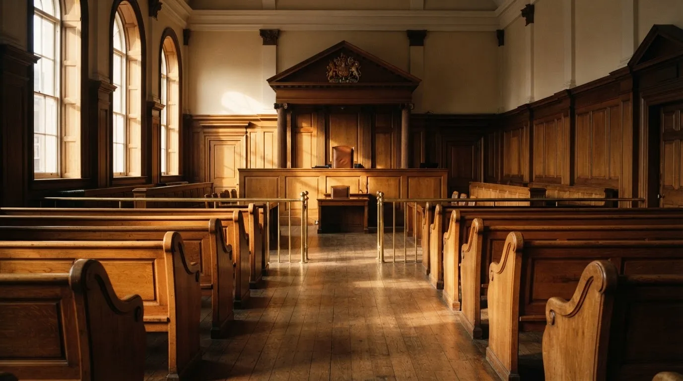 An empty courtroom with wooden benches in morning light