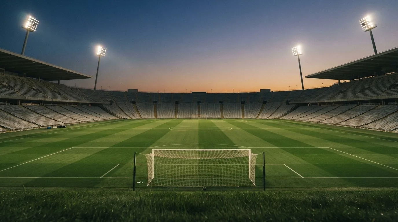 An empty football stadium with floodlight masts at dusk