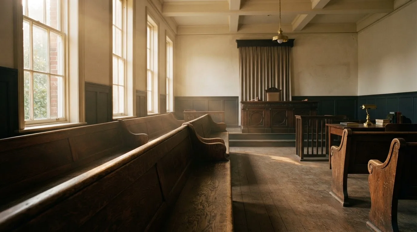 An empty courtroom with wooden benches in morning light