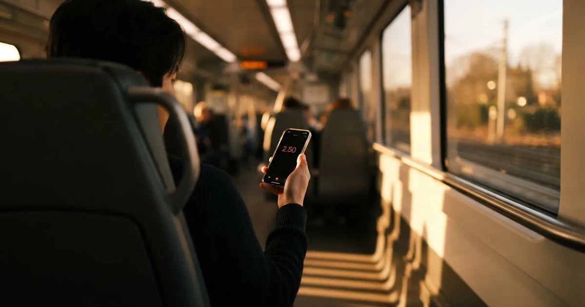 A hand holding a smartphone on a train in the evening, screen turned away