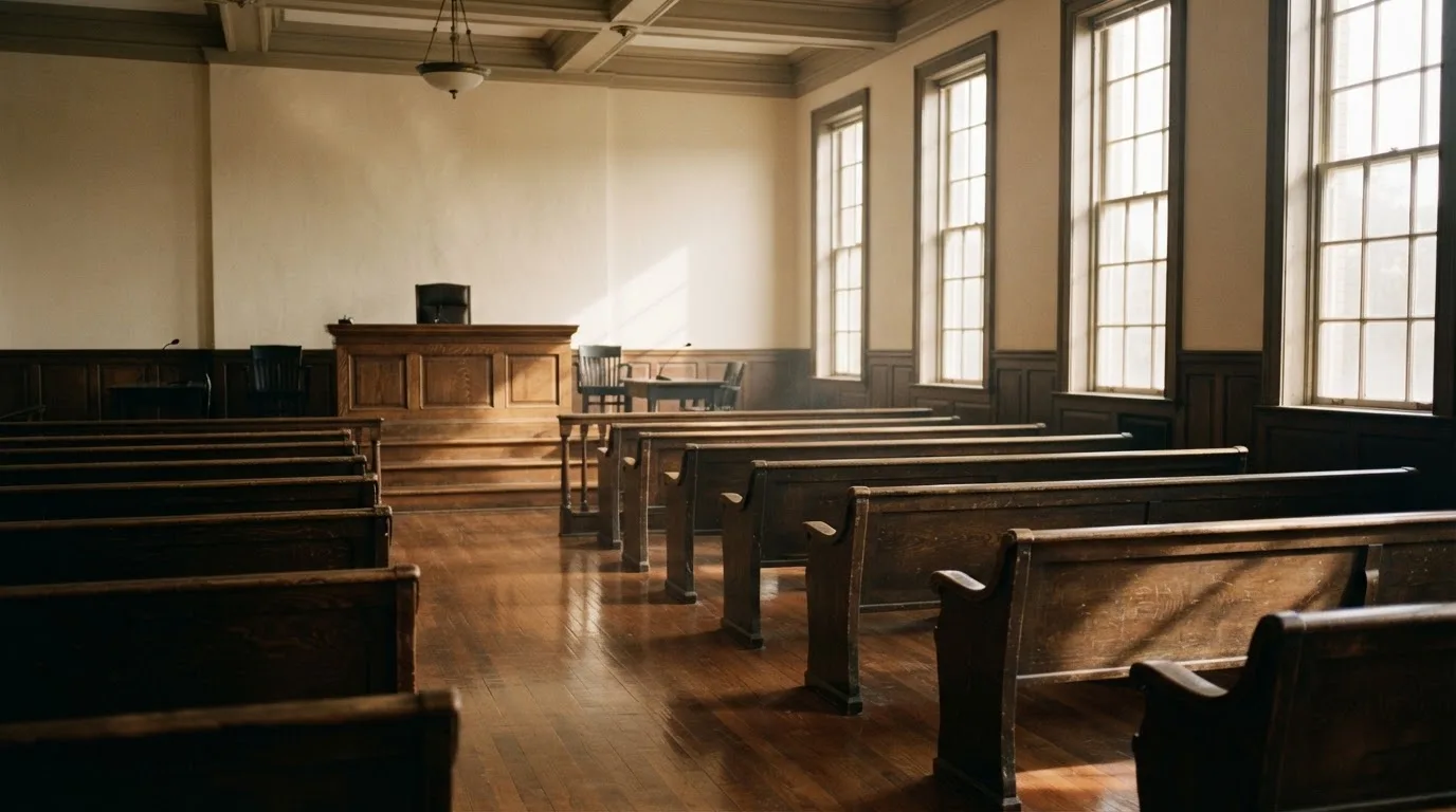 An empty courtroom with wooden benches in morning light