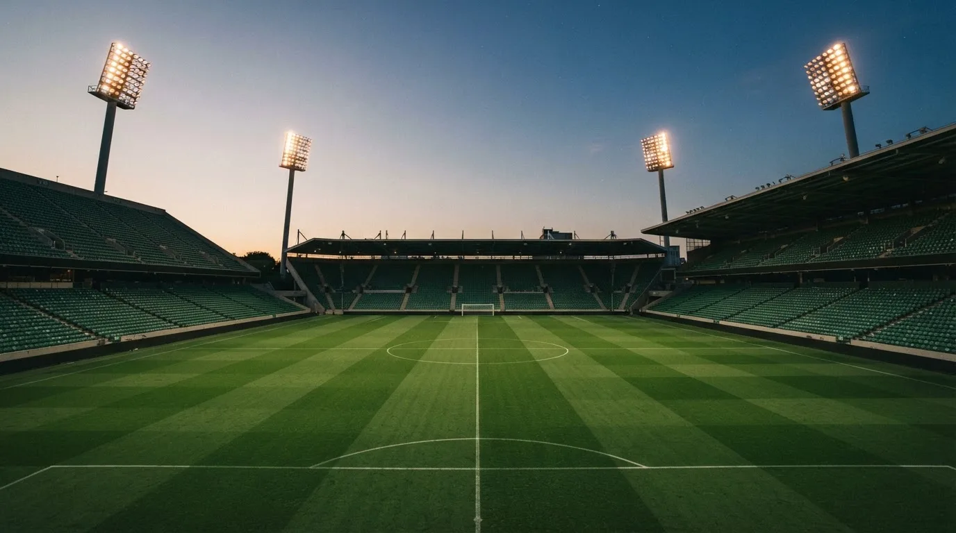 An empty football stadium with floodlight masts at dusk