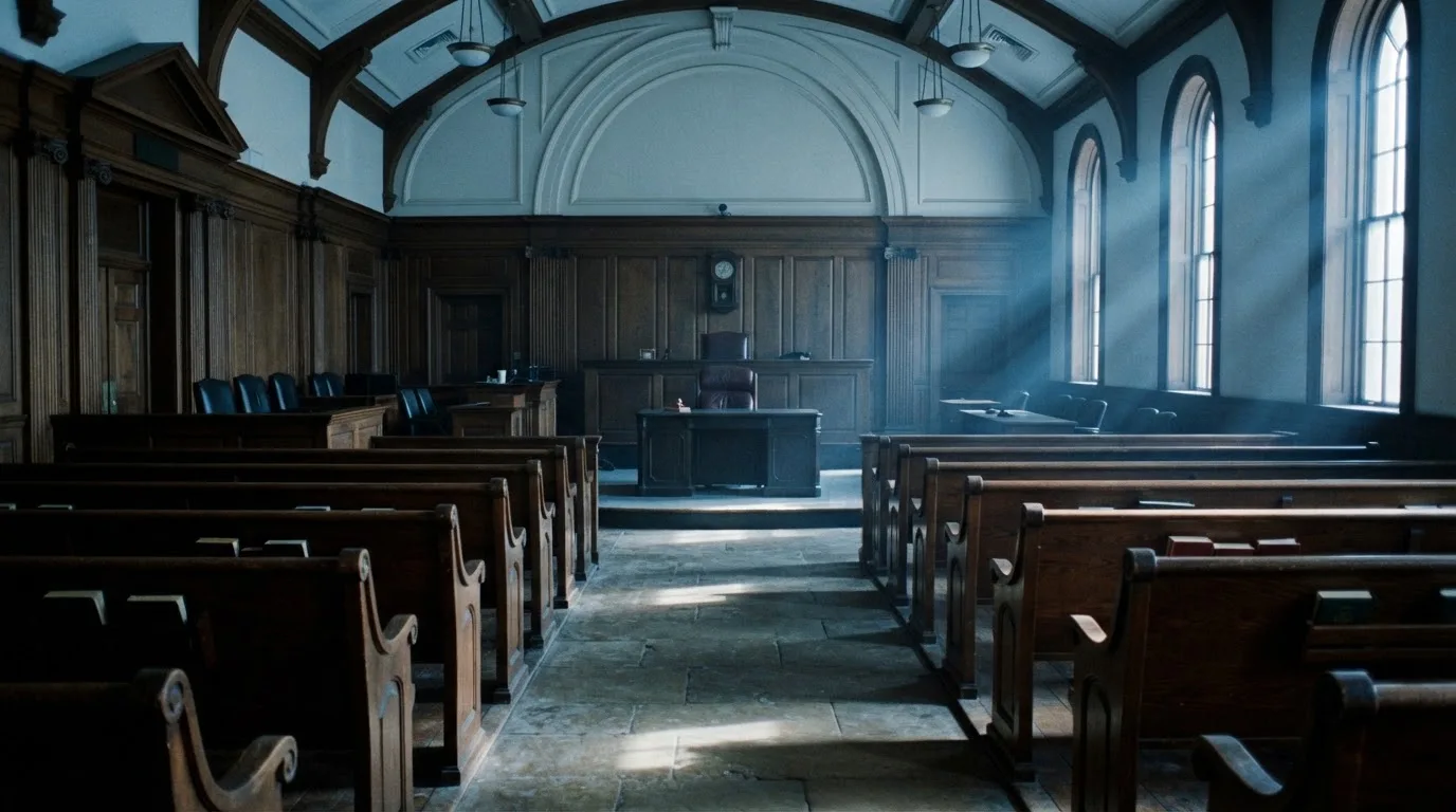 An empty courtroom with wooden benches in morning light