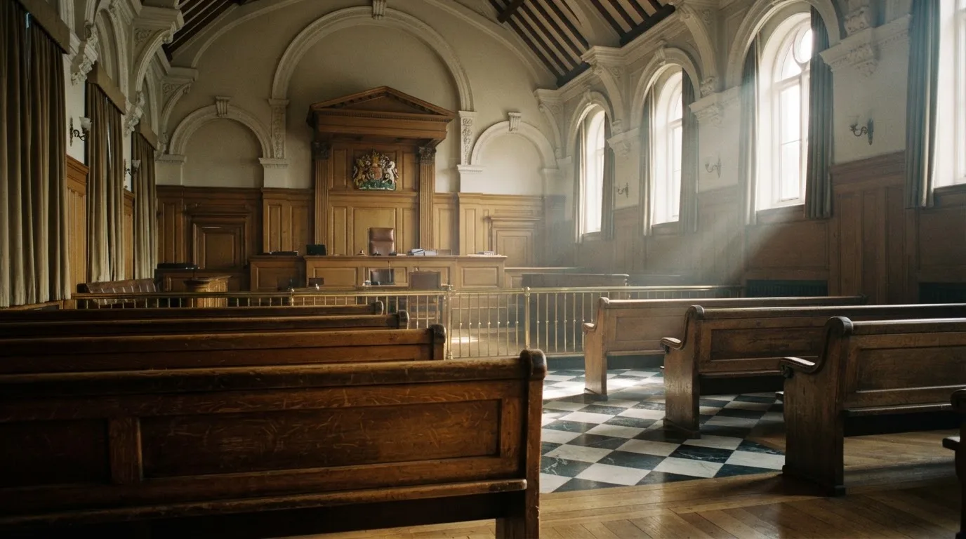 An empty courtroom with wooden benches in morning light