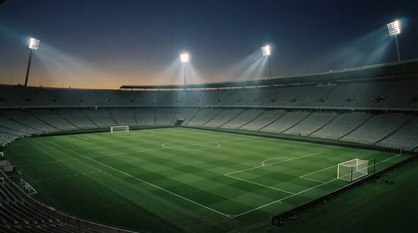 An empty football stadium with floodlight masts at dusk