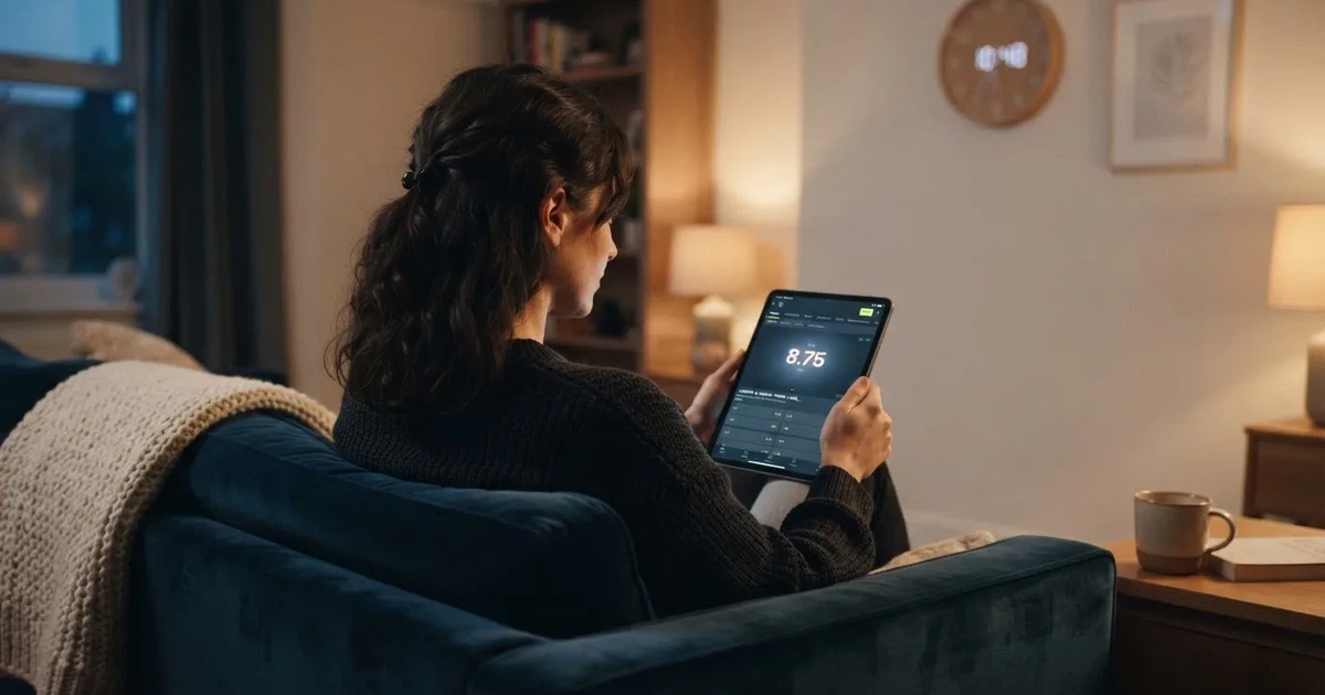 A person on a sofa looking thoughtfully at a tablet, a wall clock in the background