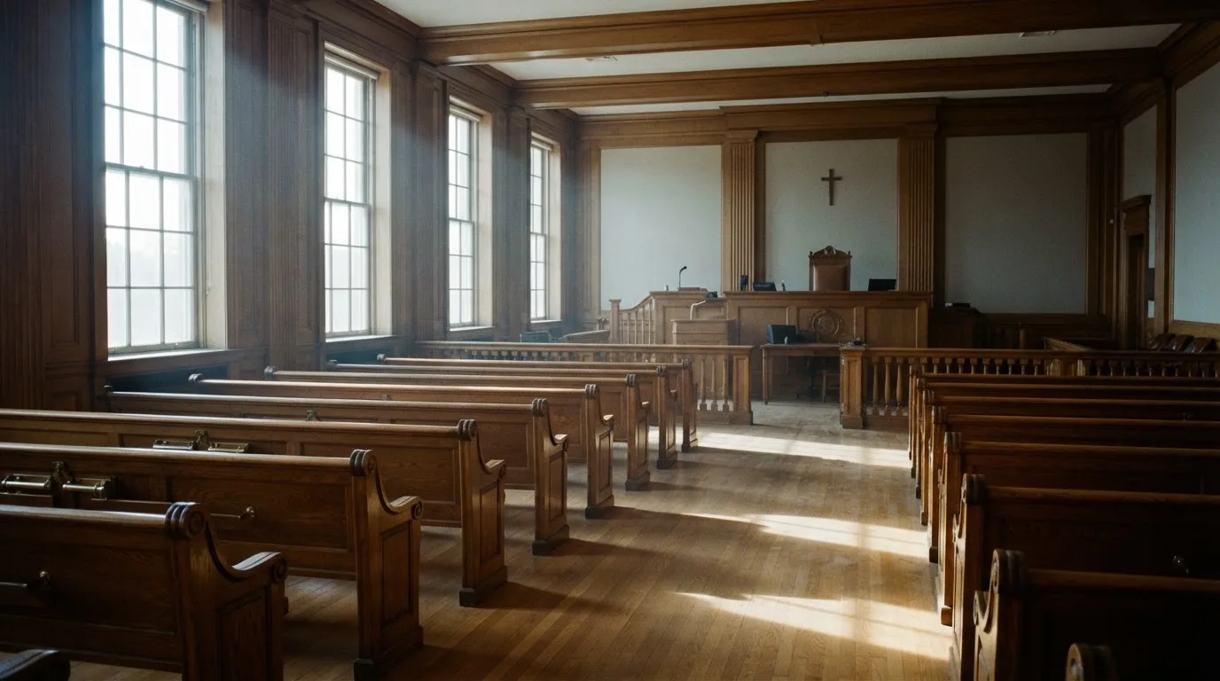 An empty courtroom with wooden benches in morning light