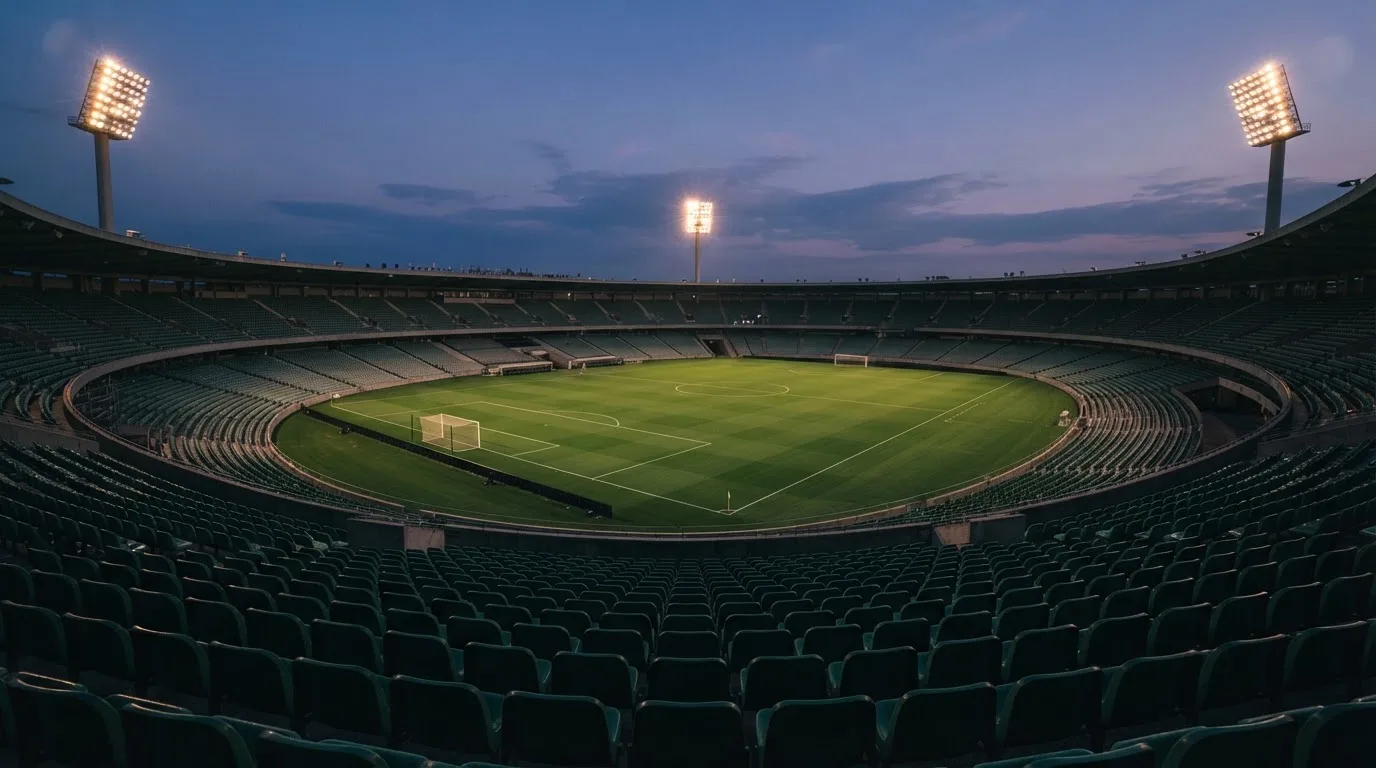 An empty football stadium with floodlight masts at dusk
