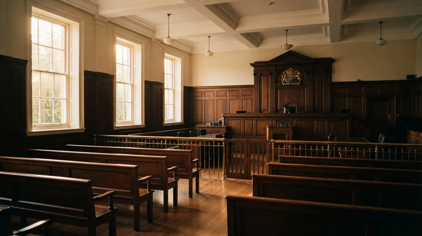 An empty courtroom with wooden benches in morning light