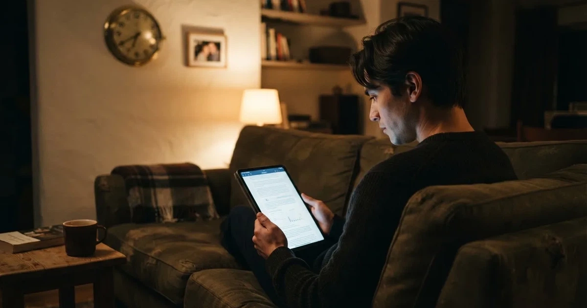 A person on a sofa looking thoughtfully at a tablet, a wall clock in the background