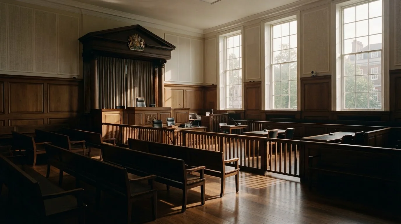 An empty courtroom with wooden benches in morning light