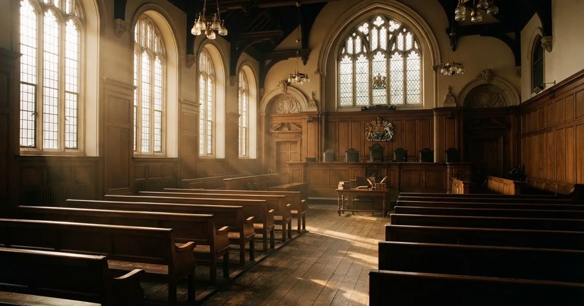 An empty courtroom with wooden benches in morning light