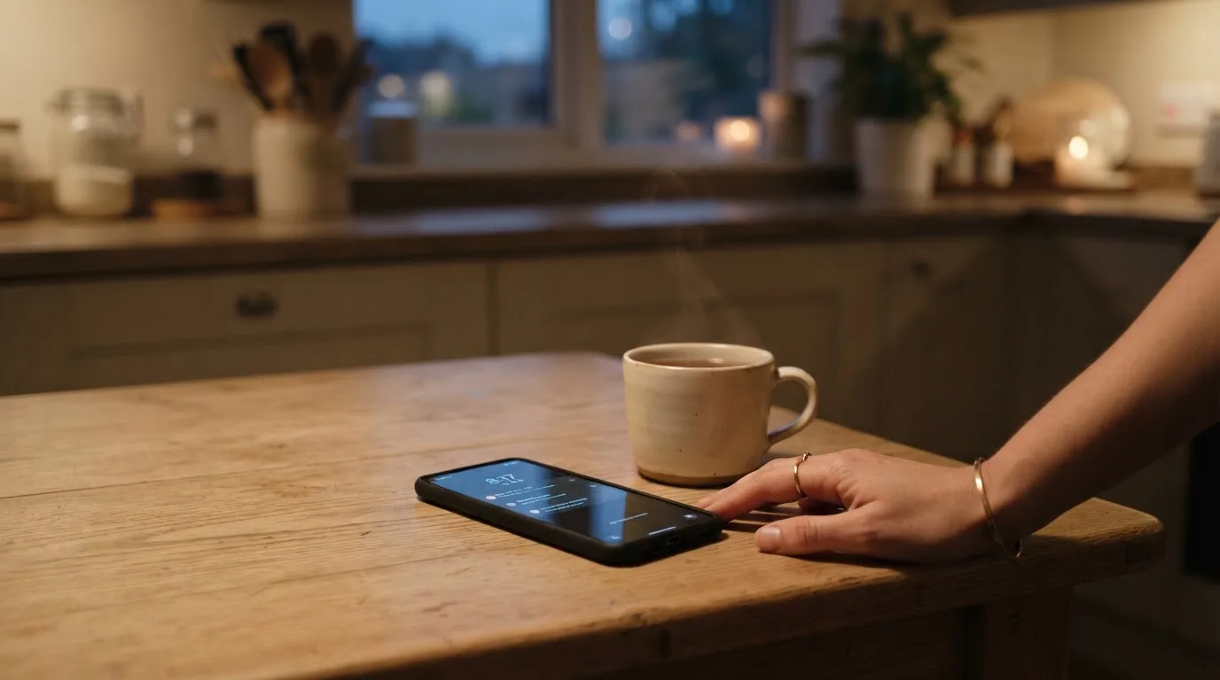A hand setting a smartphone down beside a cup of tea on a kitchen table on a quiet evening