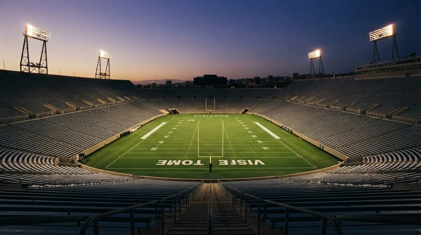 An empty football stadium with floodlight masts at dusk